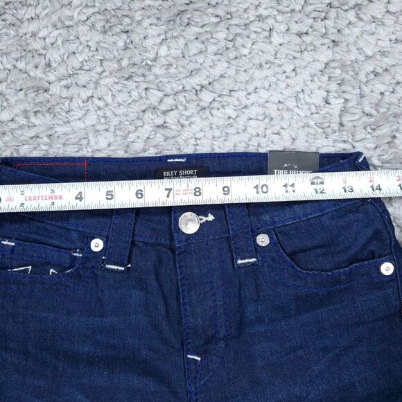 True Religion Riley Big T Raw Hem Mid Rise Bermuda Jean Shorts Dark Wash Size 27 - Picture 6 of 11
